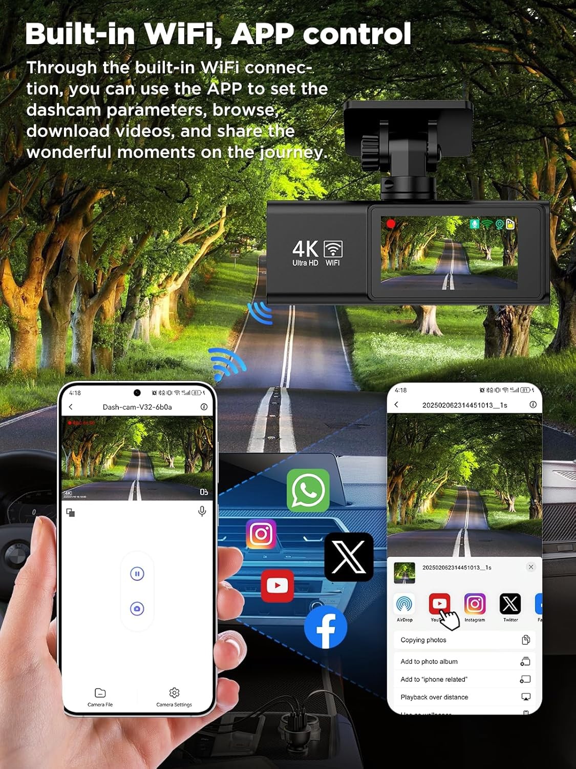 دوربین خودرو جلو و عقب 4K + 1080P با FSAVUSCAM V-32 WIFI